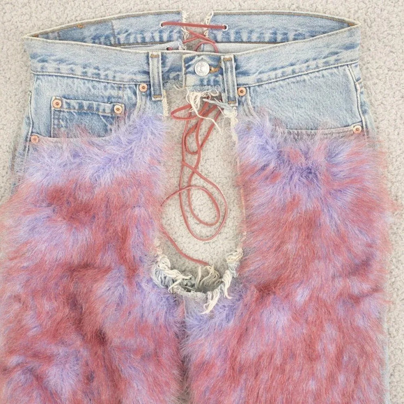 Levis Jeans Womens 30 x 30 Festival Hippie Fuzzy Lace Up Light Wash Upcycled - Picture 3 of 9